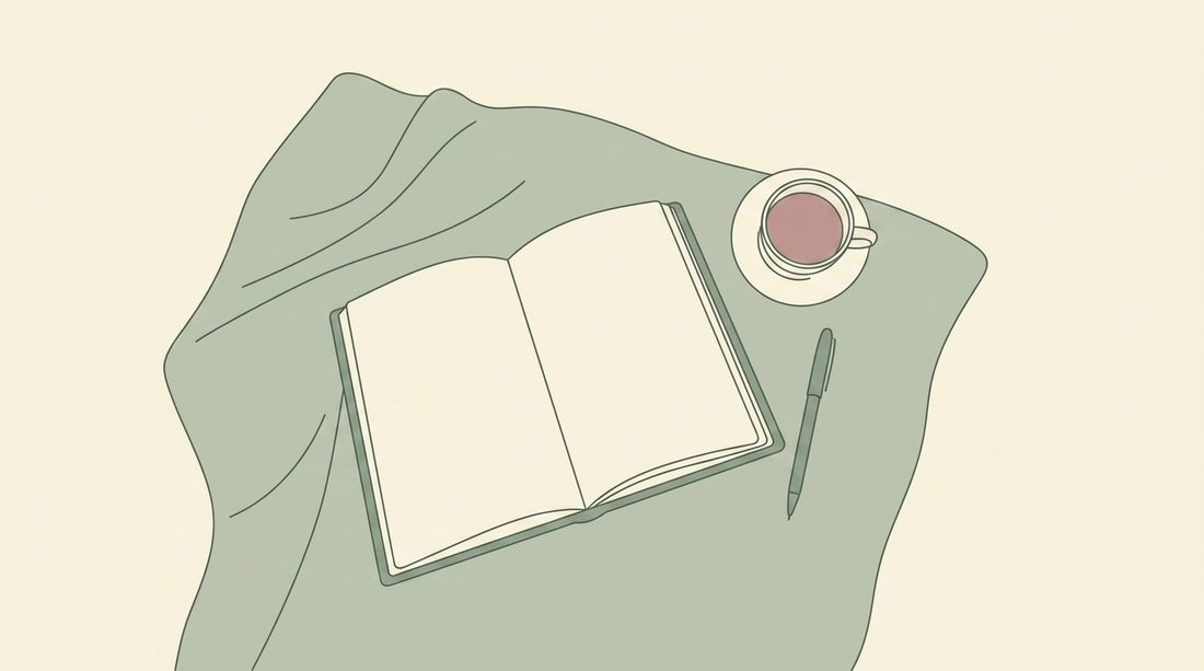 Illustration: an open notebook and a cup of tea resting on a bed